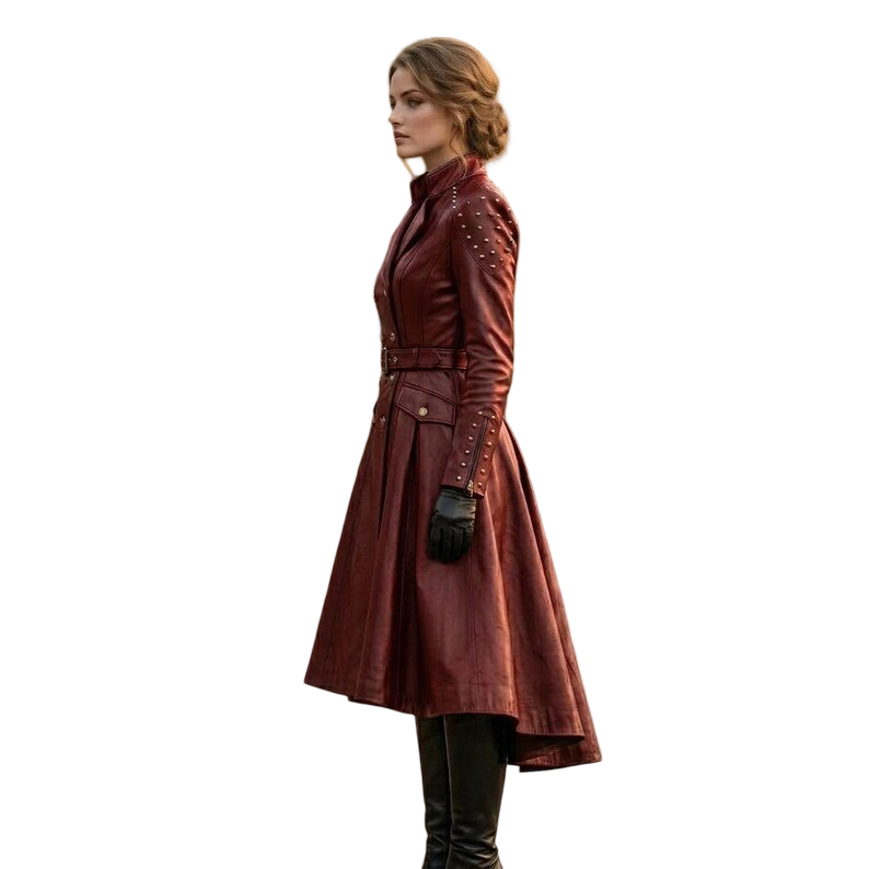 Side profile of vintage red leather trench coat