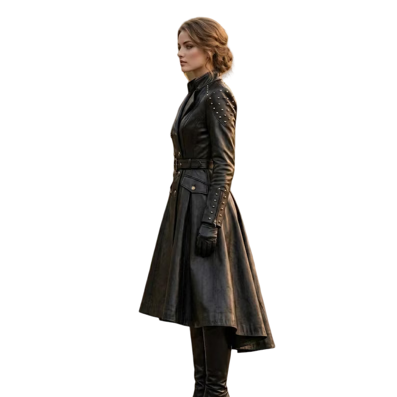 Side profile of vintage black leather trench coat