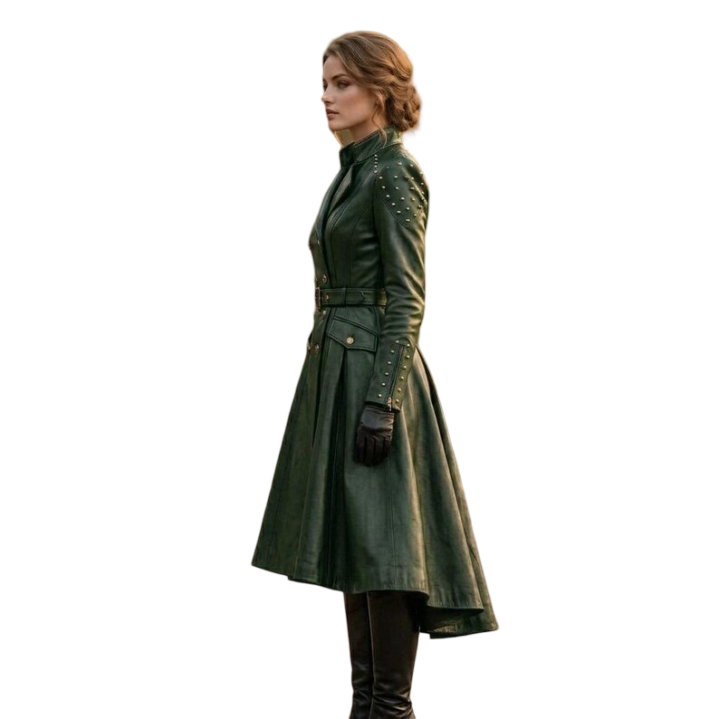 Side profile of women's green leather trench coat