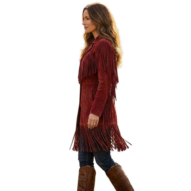 Side view of Women's Red Suede Fringe Western Cowgirl Long Coat showcasing premium suede leather and flowing fringe details.