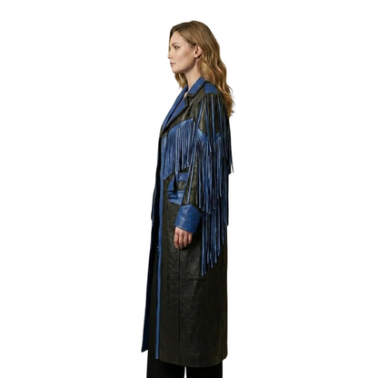 Side profile of women's boho leather fringe coat in black and blue