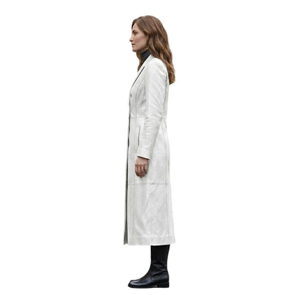 Side profile of women's white leather trench coat