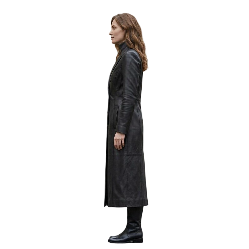Side profile of women's black leather trench coat