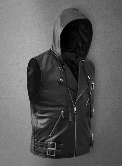 Men’s Leather Hooded Vest
