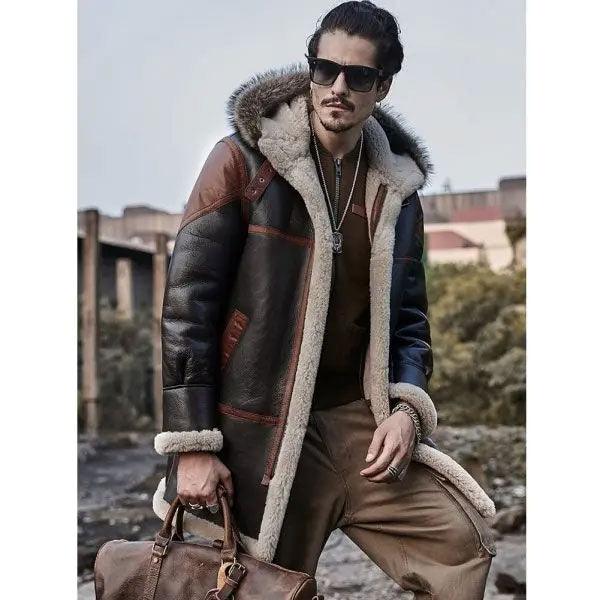 Men's Bomber Shearling Hooded Leather Jacket Trench Coat