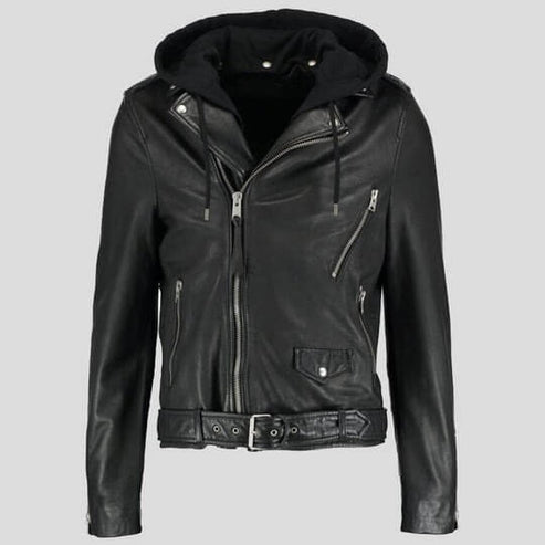 Men's Black Leather Jacket with Removable Hood