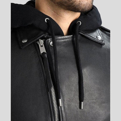 Men's Black Leather Jacket with Removable Hood