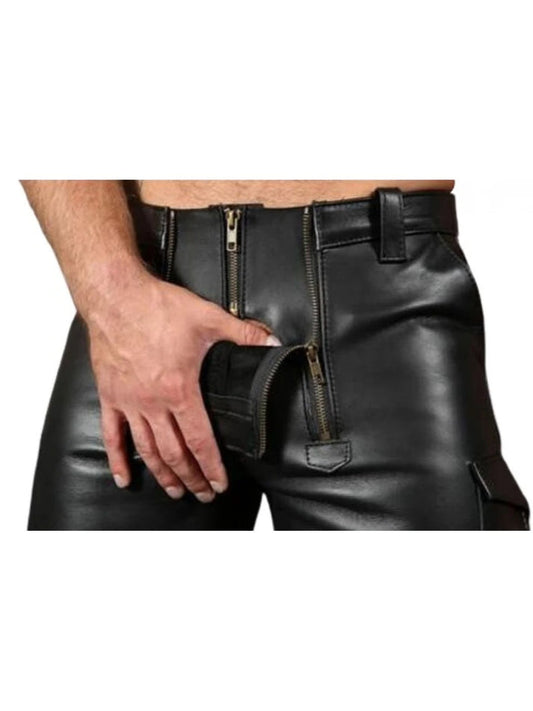 Black Double Zipper Leather Shorts for Men