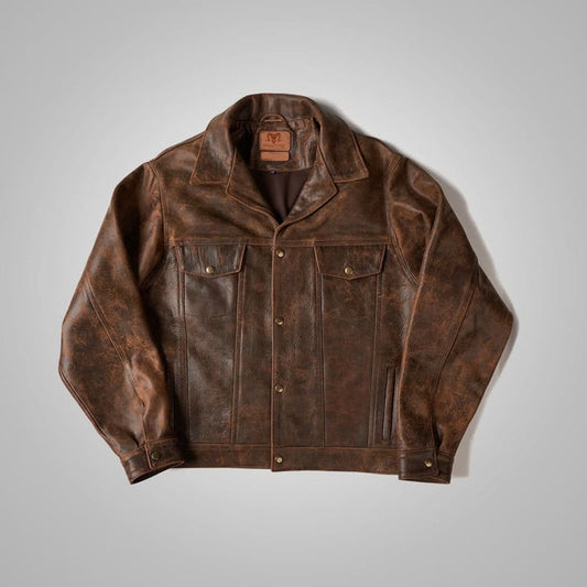 Men’s Distressed Leather Jacket with Pockets