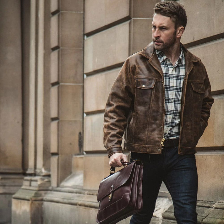 Men’s Distressed Leather Jacket with Pockets