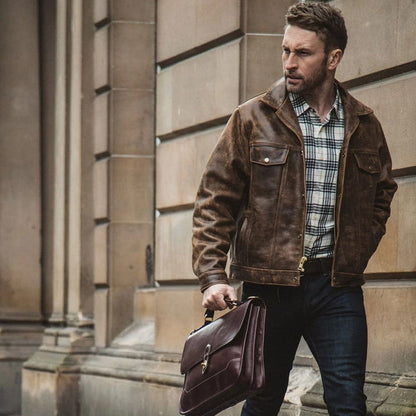 Men’s Distressed Leather Jacket with Pockets
