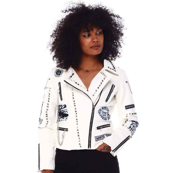 Women White Leather Jacket With Studs