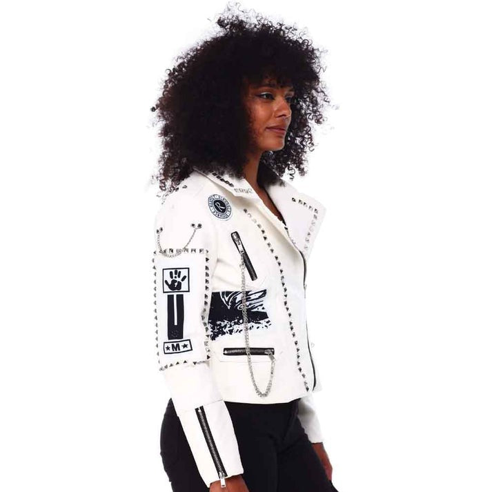 Women White Leather Jacket With Studs