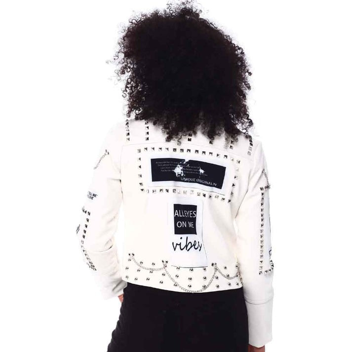 Women White Leather Jacket With Studs