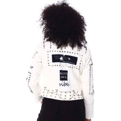 Women White Leather Jacket With Studs