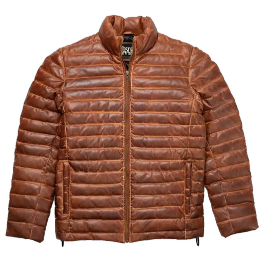 Men's Tan and Brown Leather Puffer Jacket