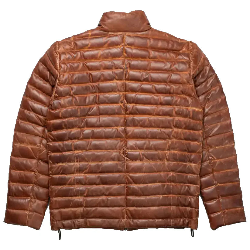 Men's Tan and Brown Leather Puffer Jacket