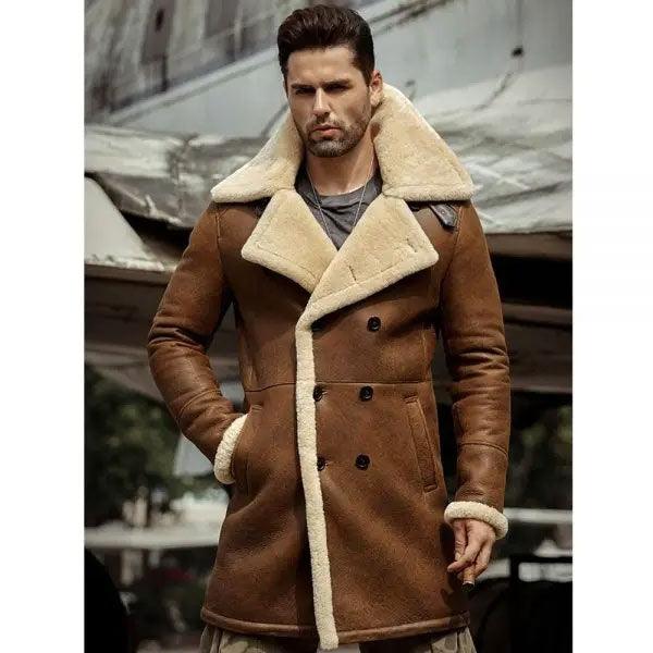 Men's Aviator Shearling Flight Sheepskin Leather Trench Coat