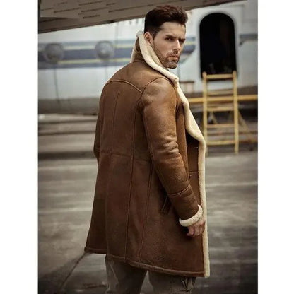 Men's Aviator Shearling Flight Sheepskin Leather Trench Coat