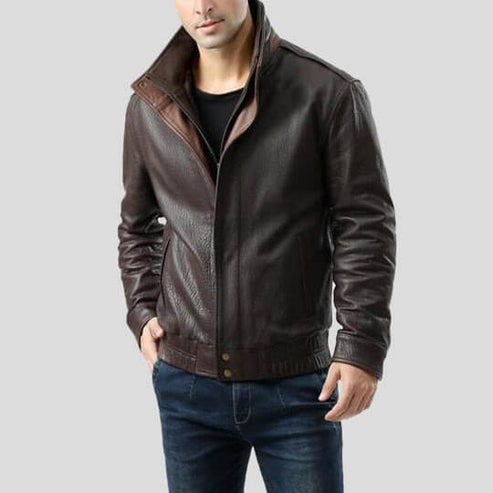 Men's Brown Leather Bomber Jacket