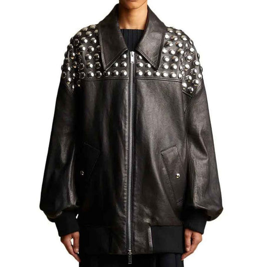 Black Studded Oversized Leather Jacket For Women