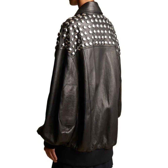 Black Studded Oversized Leather Jacket For Women