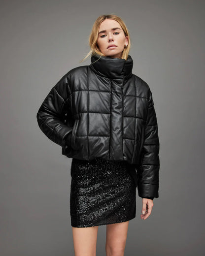 Black leather winter jacket women