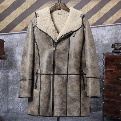 Men's Bomber Shearling Fur Hooded Winter Long Leather Jacket Trench Coat