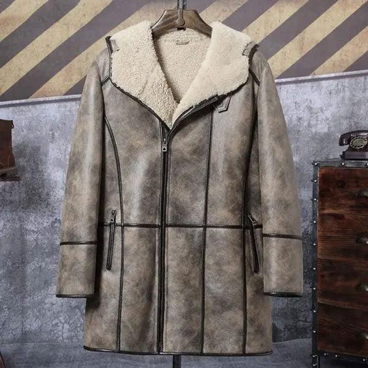 Men's Bomber Shearling Fur Hooded Winter Long Leather Jacket Trench Coat