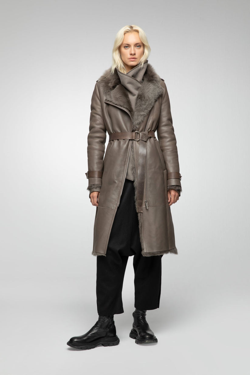 Long Leather Coat With Belt For Women