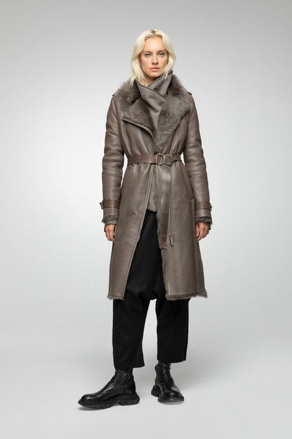 Long Leather Coat With Belt For Women