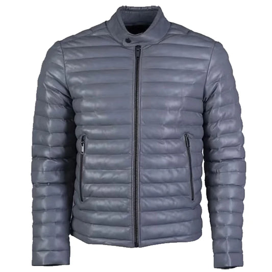 Men's Grey Quilted Leather Puffer Jacket