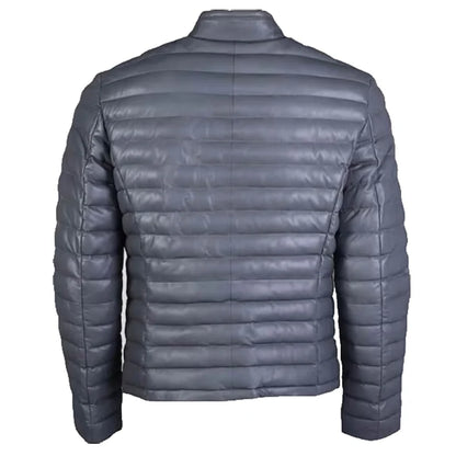 Men's Grey Quilted Leather Puffer Jacket