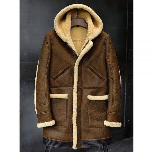 Men's Hooded Leather Jacket Sheepskin Fur Coat
