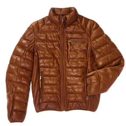 New Brown Leather Puffer Coat Men's