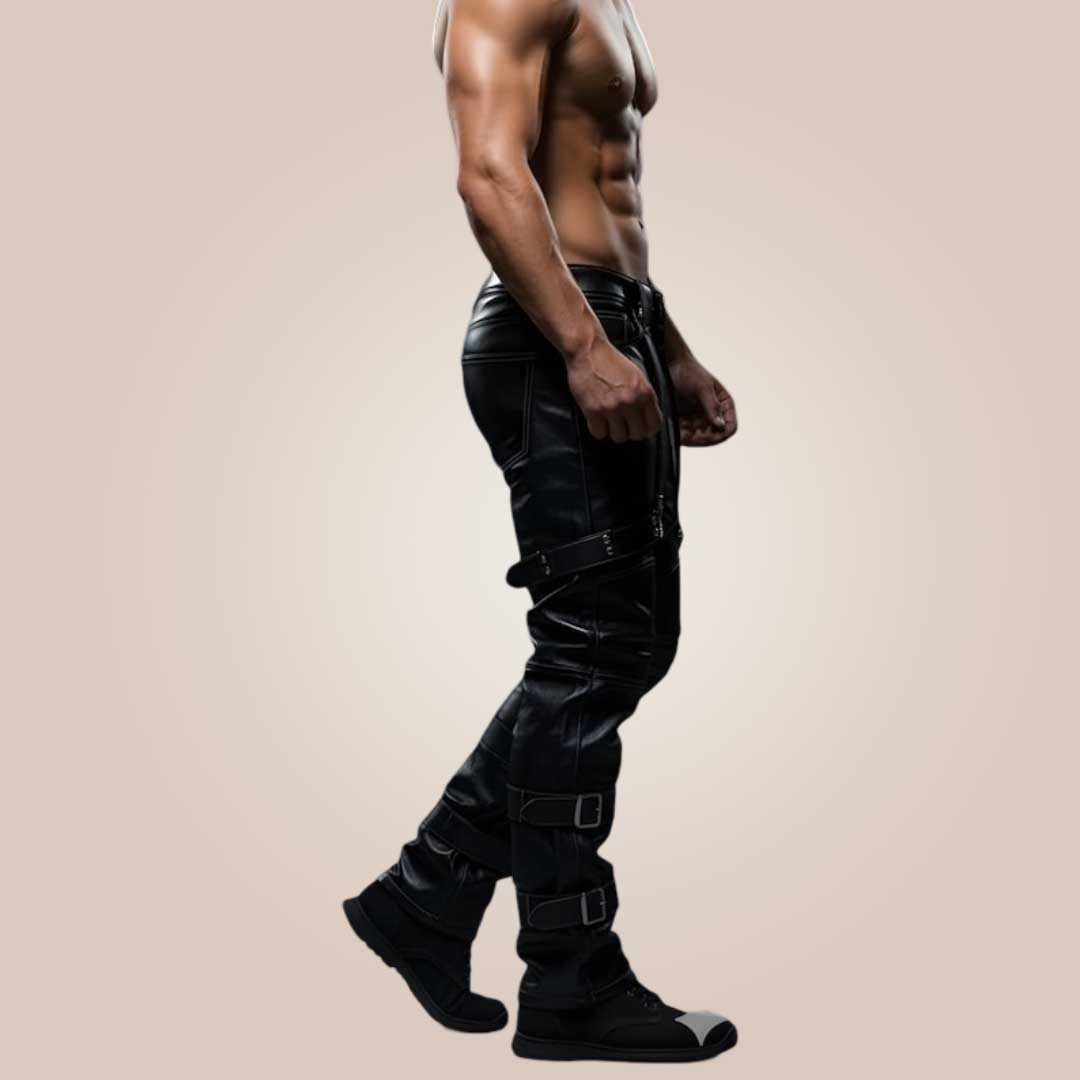 Adjustable buckle detail on biker leather pants