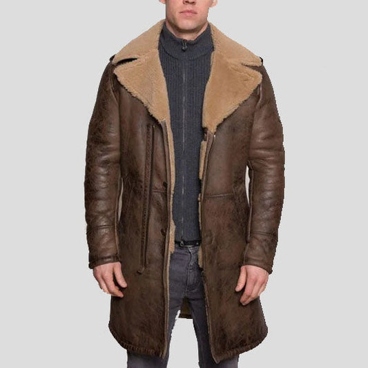 Men's Bane Shearling Leather Trench Coat – Distressed Movie-Style Winter Jacket