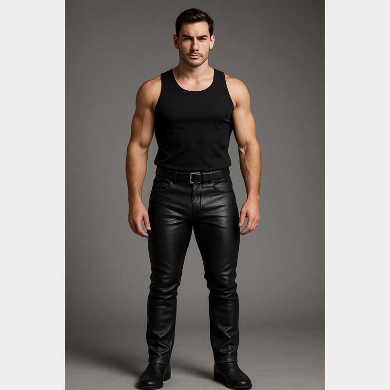 Black Biker Style Leather Pants with Zipper Fly and Button Closure