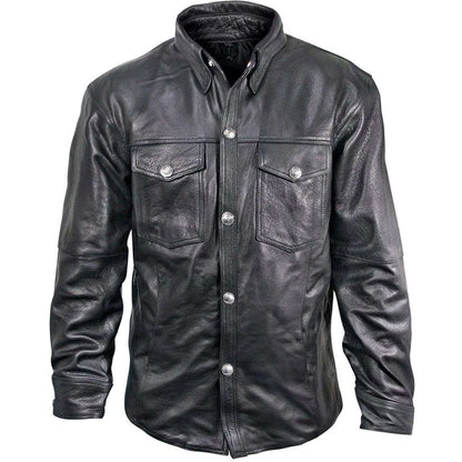 Men’s Black Genuine Leather Shirt – Vintage Buffalo Button Edition