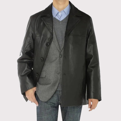 Men's Black Lambskin Leather Overcoat Blazer Jacket