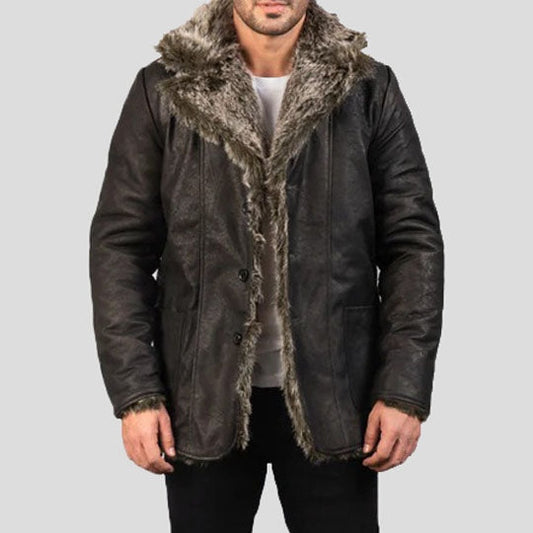 Men’s Black Leather Trench Coat with Long Fur Trim – Luxe Winter Style