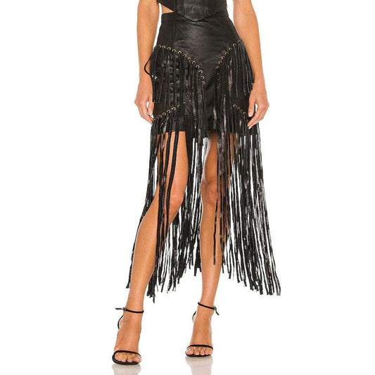 Black Fringe Leather Skirt for Women – Long Western-Inspired Style