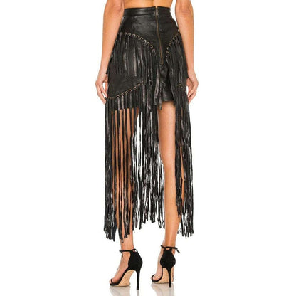 Black Fringe Leather Skirt for Women – Long Western-Inspired Style
