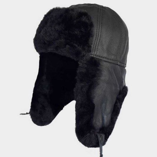 Black Real Sheepskin Fur Trapper Hat Ushanka for Men and Women