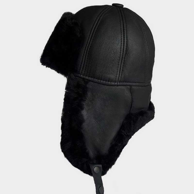 Black Real Sheepskin Fur Trapper Hat Ushanka for Men and Women