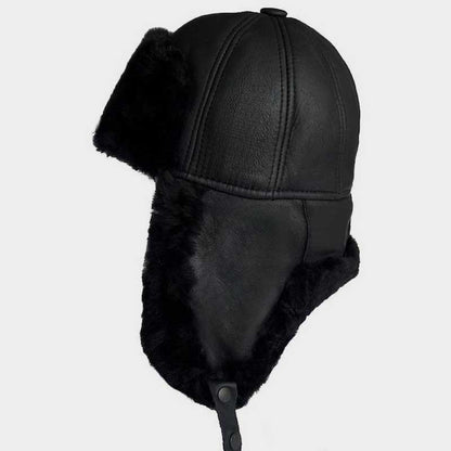 Black Real Sheepskin Fur Trapper Hat Ushanka for Men and Women