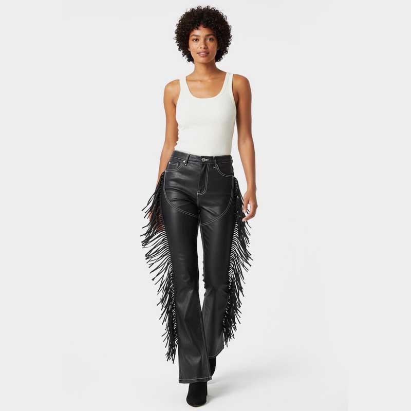 Black Vegan Leather Fringe Flare Pants with Contrast Stitching