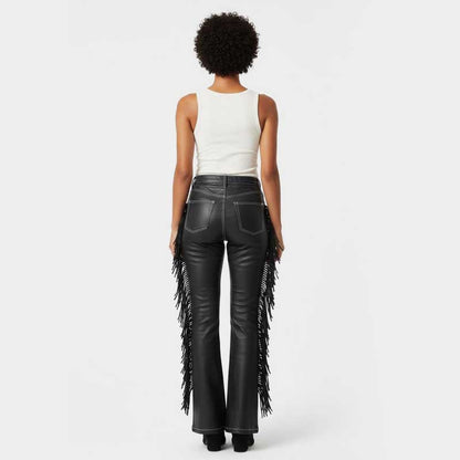 Black Vegan Leather Fringe Flare Pants with Contrast Stitching
