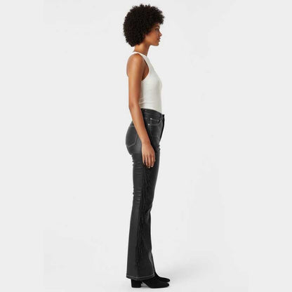 Black Vegan Leather Fringe Flare Pants with Contrast Stitching