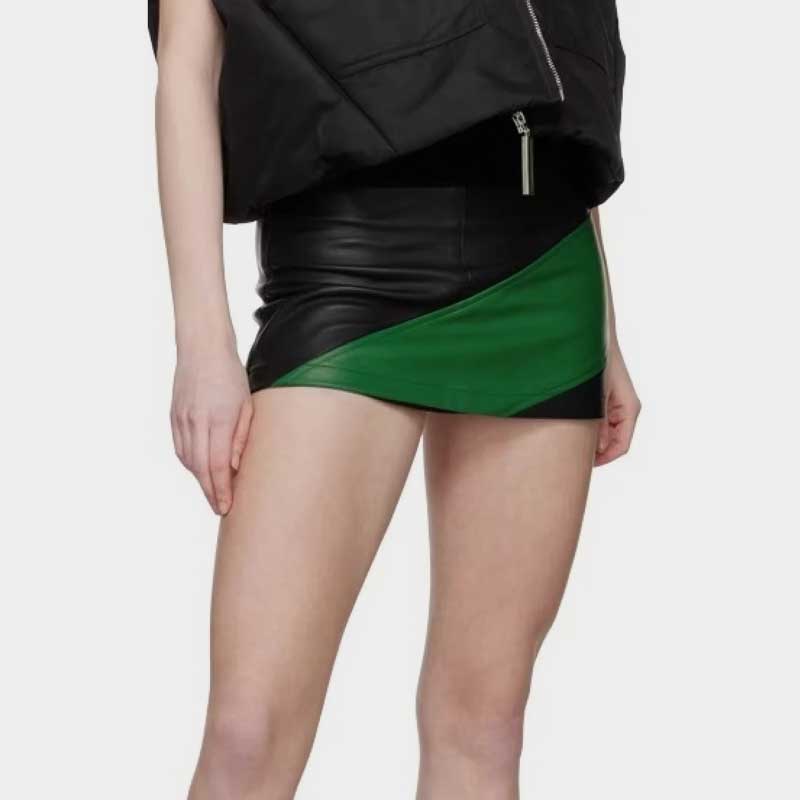 Black and green paneled leather skirt with satin lining